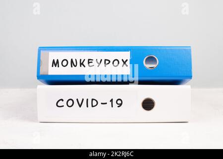 Die Wörter monkeypox und Covid-19 stehen auf einer Mappe, Ausbruch einer Virus-Infektionskrankheit, Verarbeitung der Pandemie, Beweisdokumente Stockfoto