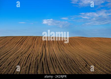 Neu gepflügtes Ackerfeld unter blauem Himmel Stockfoto