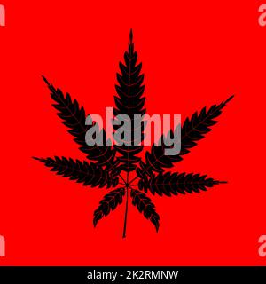 Cannabis-Blatt-Silhouette Auf Rot Stockfoto