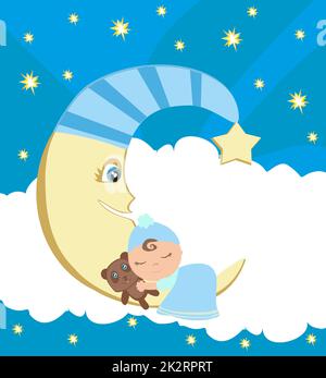 Niedlicher kleiner Junge, der auf dem Mond schläft Stockfoto