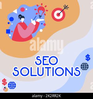 Inspiration mit Schild Seo Solutions. Übersicht über das Unternehmen Suchergebnisseite Besucherzahlen nach Rankings erhöhen Stockfoto