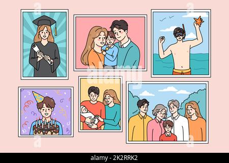 Gruppe von Familienbildern in Rahmen Stockfoto