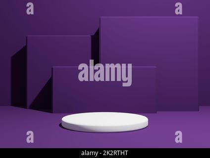 Dunkelviolett, violett, 3D-Wiedergabe eines einfachen, minimalen Produktanzeigebilds mit einem Podium oder Ständer und geometrischen quadratischen Formen im Hintergrund. Stockfoto