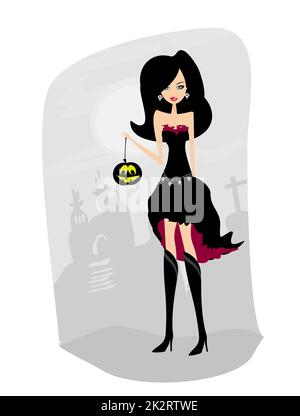 Halloween Hexe stehend mit Kürbissen Stockfoto