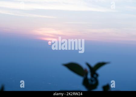 Das Bild von verschwommenen Blättern und Sonnenaufgang am Morgen Stockfoto