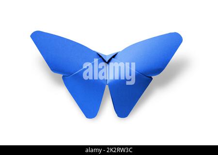 Blaues Papier Schmetterling Origami isoliert auf einem weißen Hintergrund Stockfoto