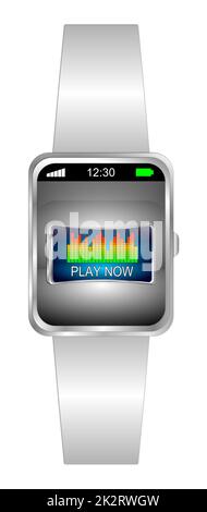 Smartwatch mit Taste „Jetzt spielen“ auf dem silbernen Display – 3D Abbildung Stockfoto