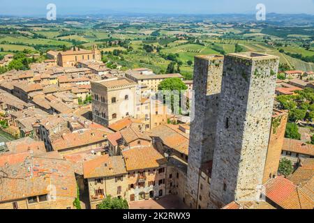 San Gimignano mittelalterliches ols Stadtbild von oben, Toskana, Italien Stockfoto