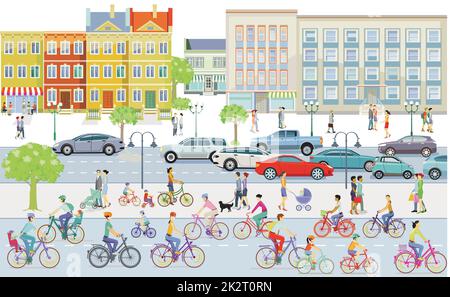 Radfahrer auf der Fahrradstraße in der Stadt mit Fußgänger-Illustration Stock Vektor