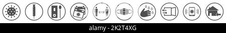 Covid-19-Anweisungen: Hände waschen, Abstand halten, Maske tragen, Fenster öffnen, sich impfen lassen, App verwenden, zu Hause bleiben, medizinischen Test verwenden Stockfoto