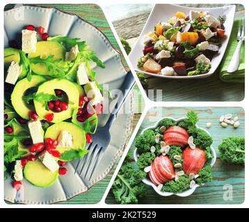 Collage von Fitness Nahrung. Gesundes Frühstück. Vegetarische nahrhafte Salat. Stockfoto