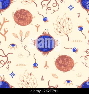 Vektoralchemisches Blumenmuster. Geheimnisvolle Hexenblumen. Sich wiederholender Hintergrund mit magischen Pflanzen Stockfoto