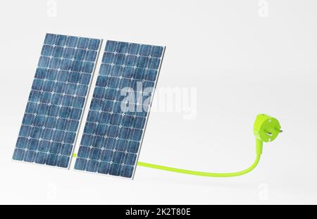 Grüner Stecker mit zwei Solarmodulen, Konzept für grüne Energie, Energiewende, erneuerbare Elektrizität. Stockfoto