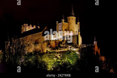 Segovia Alcazar Burg bei Nacht. Alten Königspalast in Segovia Spanien. Stockfoto