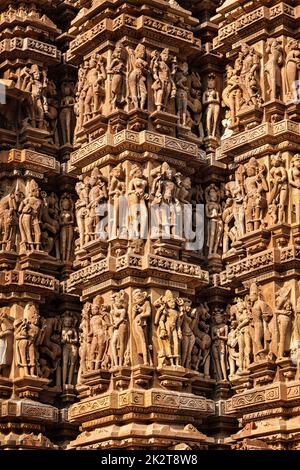 Berühmten Stein schnitzen Skulpturen von Khajuraho Stockfoto