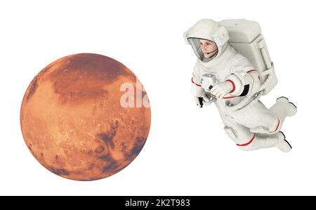 Mars und Astronaut isoliert auf weißem Hintergrund Stockfoto