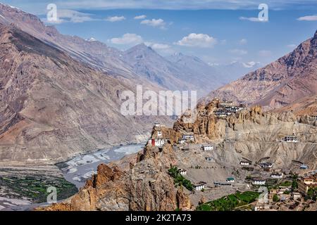 Blick auf Spiti Tal und Dhankar Gompa im Himalaya Stockfoto