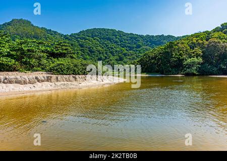 Das Flusswasser fließt zwischen Hügeln und dem Wald hinunter und endet am Strand Stockfoto