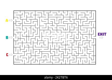 Nicht so einfach Rechtecklabyrinth mit drei Eingängen A B C und einem Ausgang (nur eine Lösung). Linie Labyrinth-Spiel. Hart – mittlere Komplexität. Kinder Labyrinth Puzzle, Stock Vektor