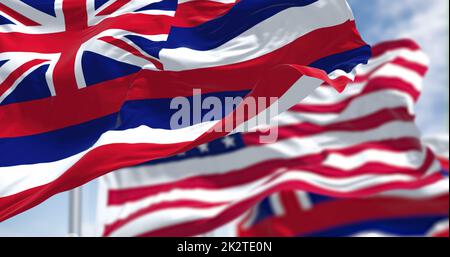 Die Hawaii-Staatsflagge winkt zusammen mit der Nationalflagge der Vereinigten Staaten von Amerika. Stockfoto