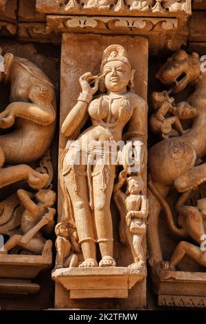 Berühmte Skulpturen von Khajuraho Tempel, Indien Stockfoto