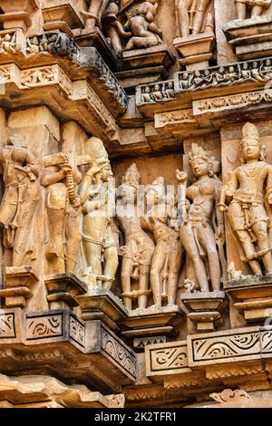 Berühmte Skulpturen von Khajuraho Tempel, Indien Stockfoto