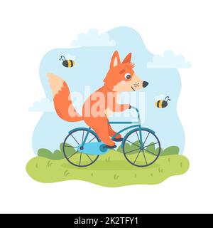 Fox Radfahren in der Natur. Sommercharakter, Aktivitäten im Freien. Niedliche saisonale Vektor-Illustration in flachen Cartoon-Stil Stock Vektor