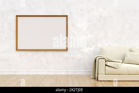 Imitierte Posterrahmen mit weißem Sofa im modernen Interieur Stockfoto