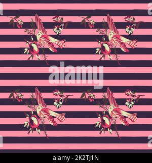 Handgezeichneter Vogel mit Blumenrosen auf gestreiftem pinkfarbenem Hintergrund. Nahtloser tropischer Vintage-Druck. Vektordarstellung für Design, Mode, Textil, Grußkarte, Stoff, Geschenkpapier Stockfoto