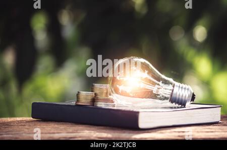 Glühbirne und ein Buch auf dem Tisch und Platz für Text einfügen. Stockfoto