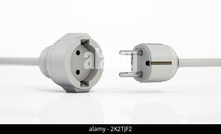 Elektrischer Stecker und Steckdose isoliert auf weißem Hintergrund. 3D Abbildung Stockfoto