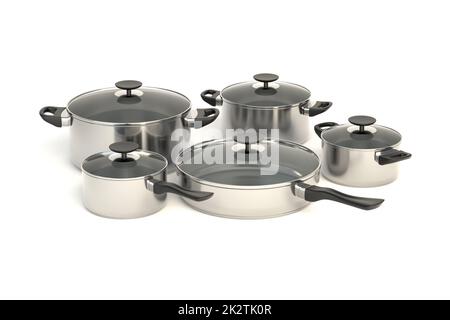 Edelstahl-Töpfe und Pfannen Stockfoto