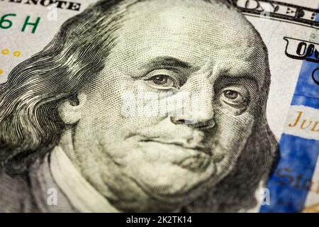 Benjamin Franklin Porträt-Makroaufnahme von $100-Schein Stockfoto