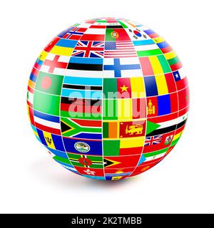 ThreeD Globe Kugel mit Flaggen der Welt auf weiß Stockfoto