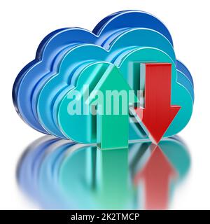 Blaue glänzende Wolke und Download-Pfeile zum Hochladen Stockfoto