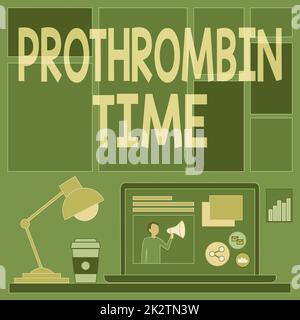 Textzeichen zur Angabe der Prothrombinzeit. Geschäftskonzept Bewerten Sie Ihre Fähigkeit, Blutgerinnsel angemessen zu bilden Laptop auf Einem Tisch neben Kaffeebecher und Schreibtischlampe, die den Arbeitsprozess zeigt. Stockfoto