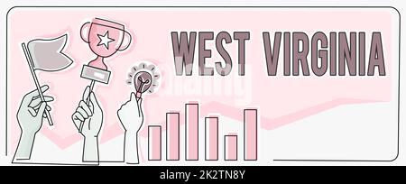 Konzeptionelle Darstellung West Virginia. Konzept bedeutet USA State Travel Tourism Trip Historical Hands Holding Flag Goals, Lamp Ideas Trophy feiert Success Graph Bars