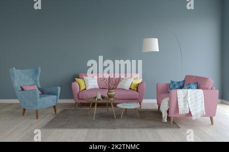 3D Visualisierung des Wohnzimmerinnenraums. Stockfoto