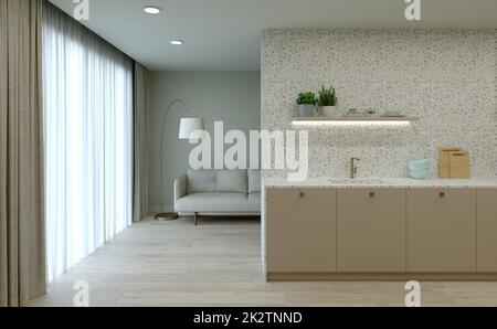 Küchenausstattung. 3D Rendering einer hellen Küche. Stockfoto