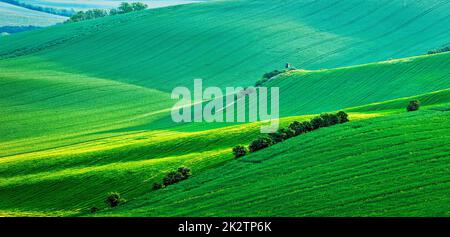 Panorama der mährischen Hügellandschaft mit Jagd-Turm-Hütte Stockfoto