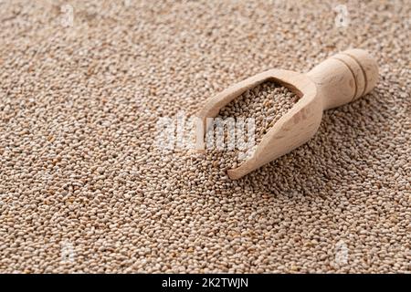 Chiasamen auf dem Bildschirm und eine Holzschaufel darauf. Stockfoto