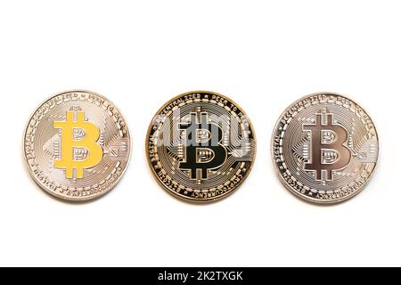 Silber- und Goldbitmünzen digitale Kryptowährungsmünzen Stockfoto