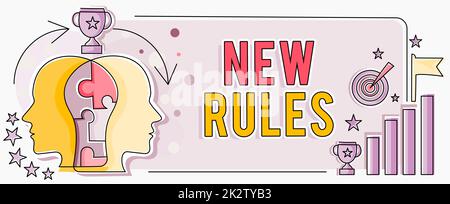 Schreiben mit Anzeige des Textes Neue Regeln. Business Showcase Ein Zustand der Änderung einer umfassenden Richtlinie für ein besseres Upgrade zwei „Heads Connected“-Puzzle zeigt, wie Probleme gelöst und Erfolge geteilt werden können Stockfoto