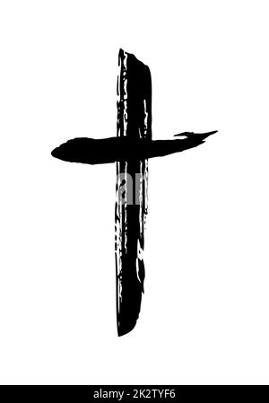 Handgezeichnetes christliches Kreuz-Symbol, handgemalt mit schwarzer Tinte Stockfoto