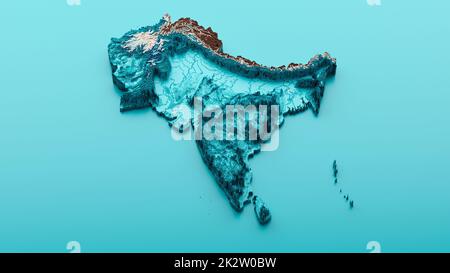 Eine 3D dargestellte Topografie in Subkontinentform umfasste Indien, Pakistan, Nepal, Bhutan, Bangladesch, Sri Lanka und die Malediven Stockfoto