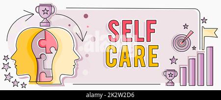 Handschriftlicher Text Self Care. Business Showcase Geben Sie Ihrem eigenen Körper Trost ohne professionellen Berater zwei Köpfe verbundenes Puzzle „Probleme lösen“ und „Erfolg teilen“ Stockfoto