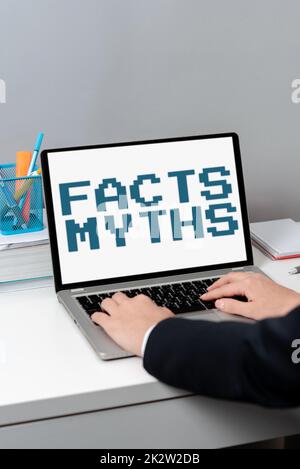 Schild mit Fakten Mythen. Schaufensterarbeiten für Unternehmen basieren auf Vorstellungskraft und nicht auf echten Unterschieden -47544 Stockfoto