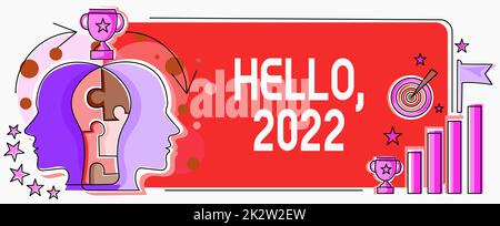 Schreiben von Text „Hallo 2022“. Geschäftsüberblick Ausdruck oder Geste der Begrüßung Annehmen des Telefons Puzzle „zwei Köpfe verbunden“ zeigt das Lösen von Problemen und das Teilen von Erfolg Stockfoto
