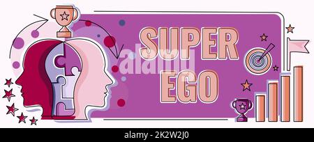 Textbeschriftung mit Super Ego. Internet-Konzept Ich oder Ich jeder Person, die seine ganze Seele befähigt zwei Köpfe verbundenes Puzzle Probleme lösen und Erfolg teilen Stockfoto