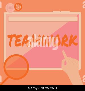 Text, der Inspiration Teamwork zeigt. Konzeptfoto Gruppe, in der gezeigt wird, wer als Einheit und mit der gleichen Zielhand zusammenarbeitet, wobei Big Tablet nach Plänen für neue, faszinierende Ideen sucht Stockfoto